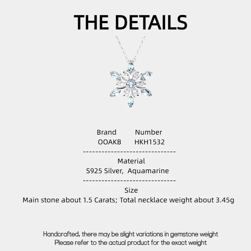 Marquise Aquamarine Snowflake Pendant Necklace specification card with product measurements