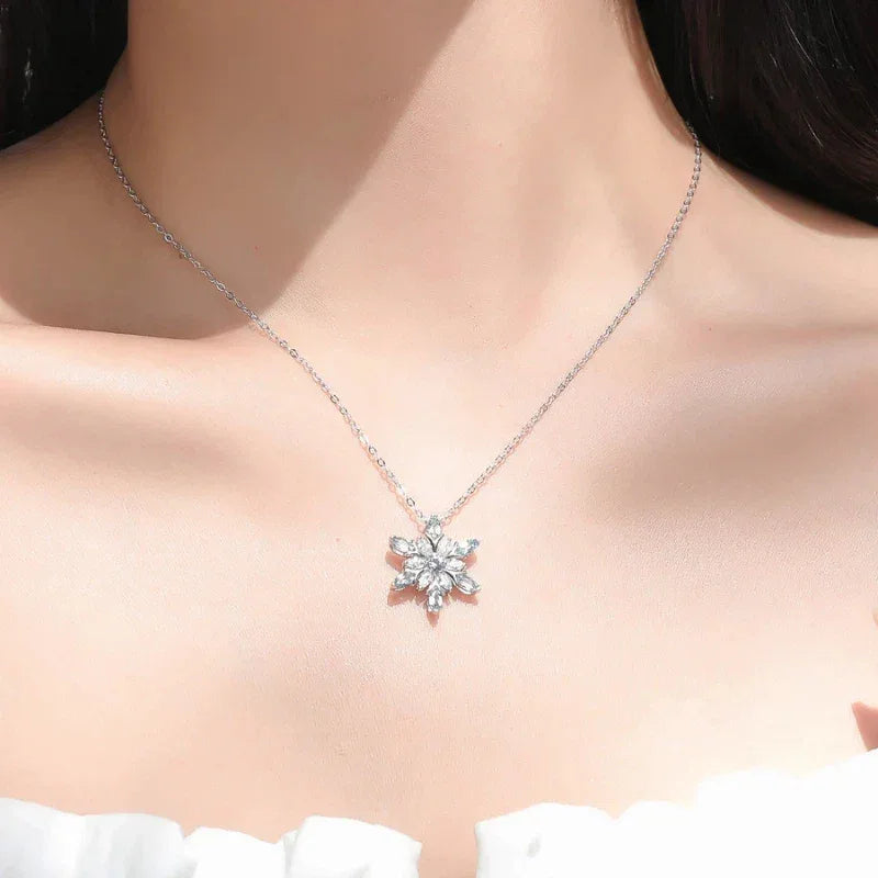 Marquise Aquamarine Snowflake Pendant Necklace worn at the neckline from a second angle