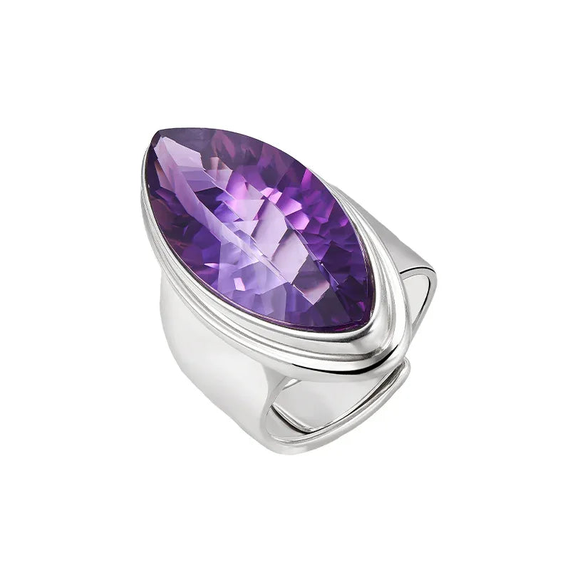 marquise amethyst sculptural ring angled product view on a white background