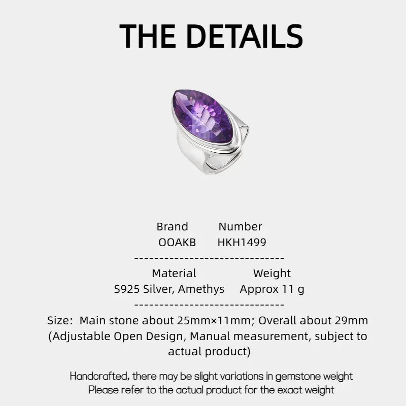 marquise amethyst sculptural ring specification card with product measurements