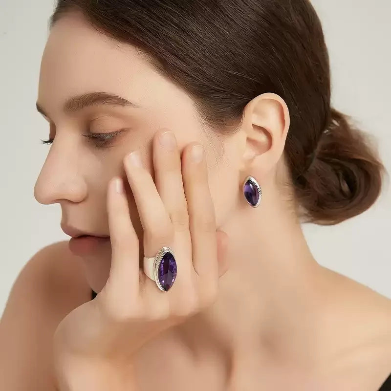 marquise amethyst sculptural ring worn on the hand from a second angle