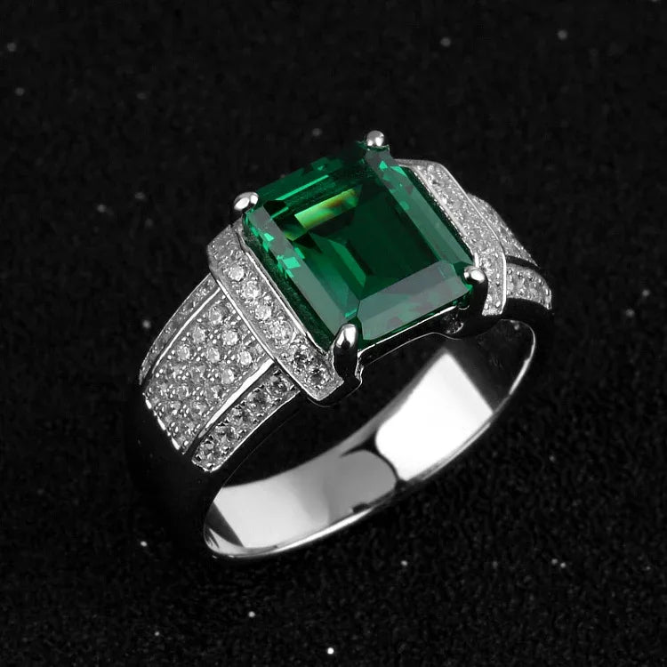 Men's 10 mm Emerald Pave Statement Ring worn on the hand from a second angle