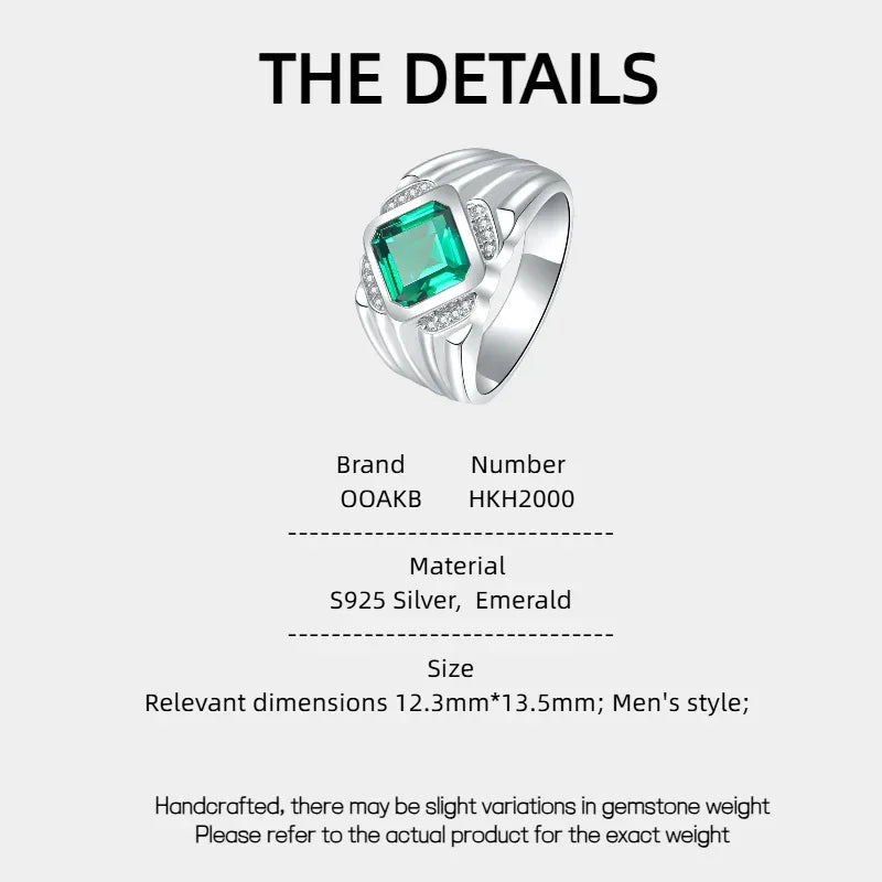 Men's 12 x 13.5 mm Emerald Ring specification card with product measurements