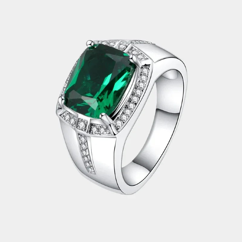Men's 9 x 11 mm Rectangular Emerald Halo Ring front product view on a white background