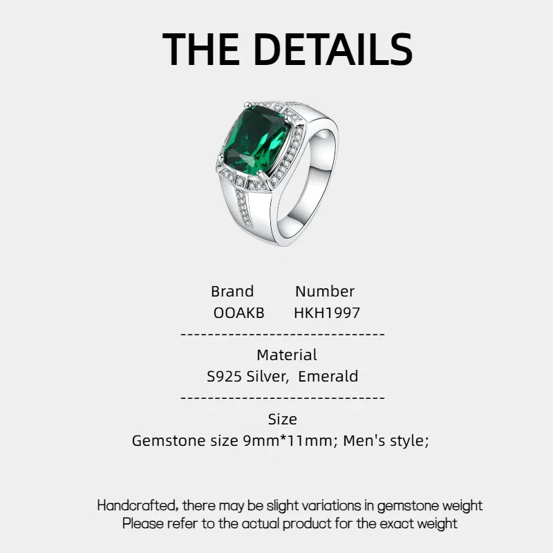 Men's 9 x 11 mm Rectangular Emerald Halo Ring specification card with product measurements