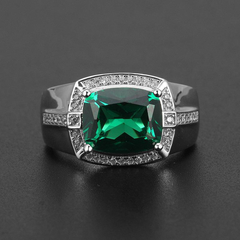 Men's 9 x 11 mm Rectangular Emerald Halo Ring worn on the hand from a second angle