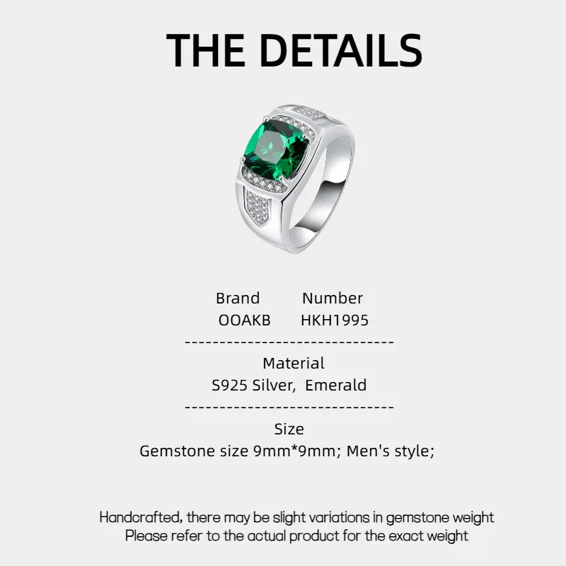 Men's Cushion-Cut Emerald Ring specification card with product measurements