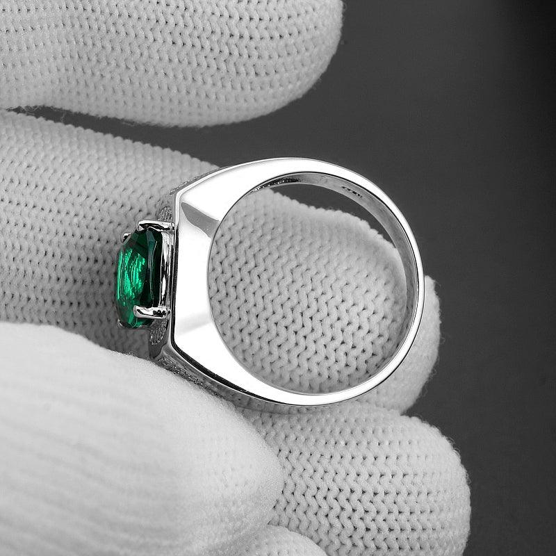 Men's Cushion-Cut Emerald Ring worn on the hand from a second angle