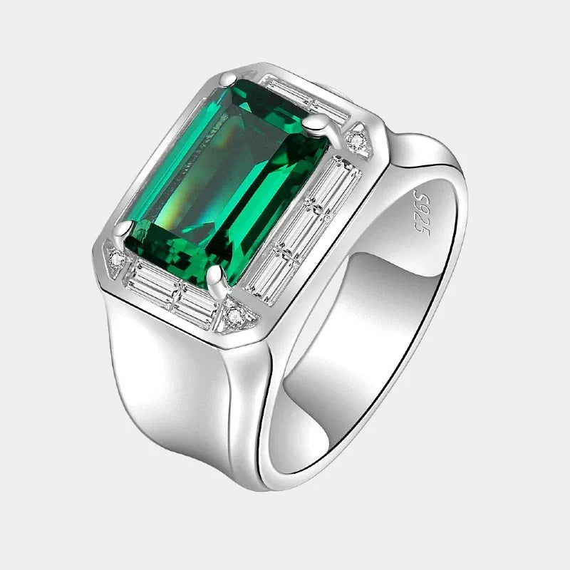 Men's Elongated Emerald Halo Ring front product view on a white background