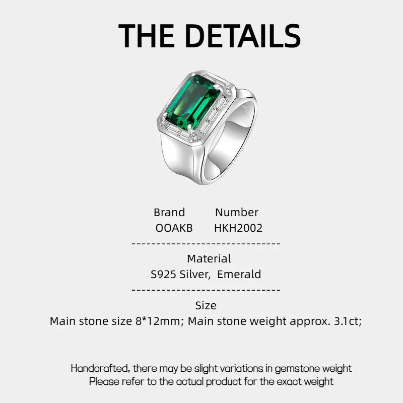 Men's Elongated Emerald Halo Ring specification card with product measurements