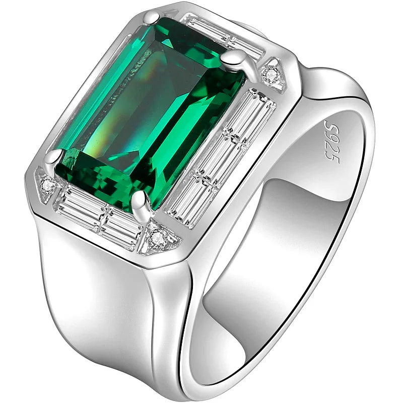 Men's Elongated Emerald Halo Ring worn on the hand from a second angle