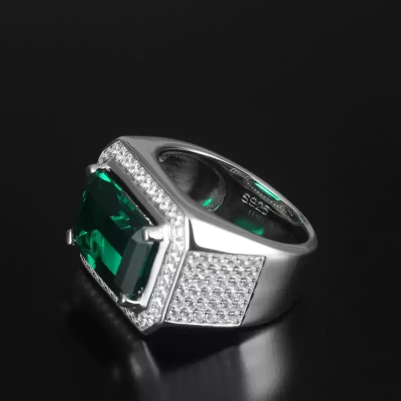 Men's Elongated Emerald Pave Ring angled product view on a dark background