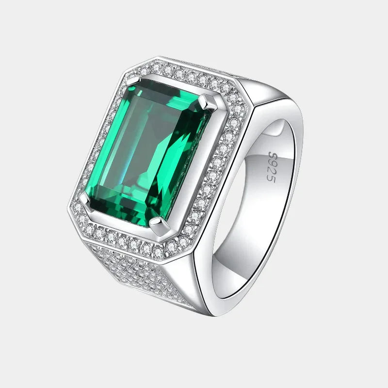 Men's Elongated Emerald Pave Ring front product view on a white background