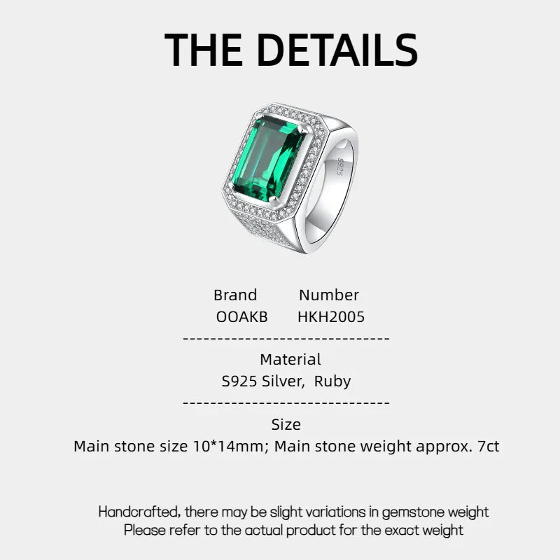 Men's Elongated Emerald Pave Ring specification card with product measurements
