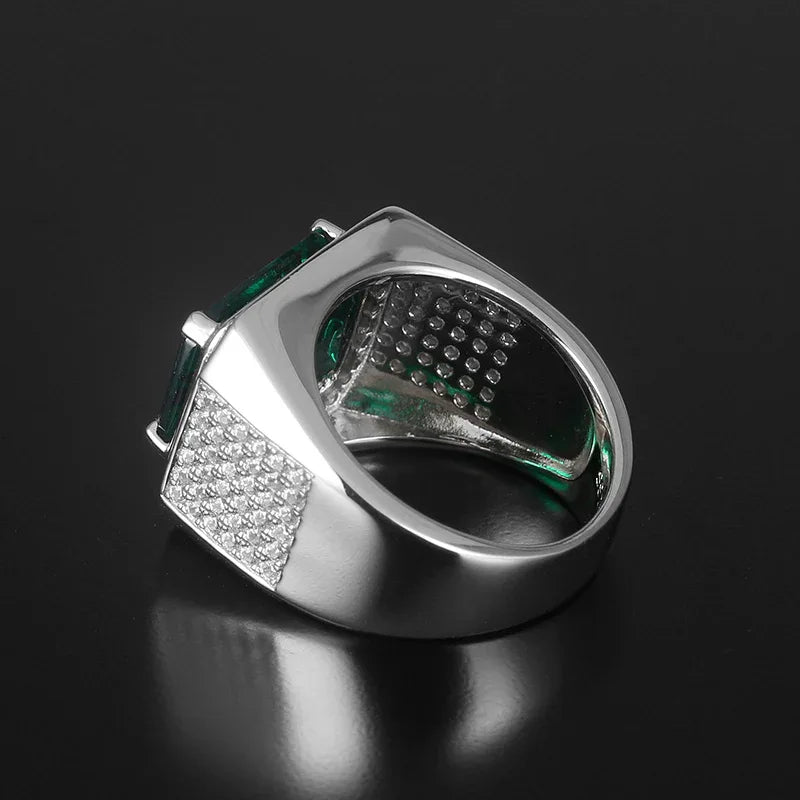 Men's Elongated Emerald Pave Ring worn on the hand from a second angle