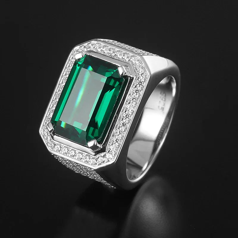 Men's Elongated Emerald Pave Ring worn on the hand in a close-up