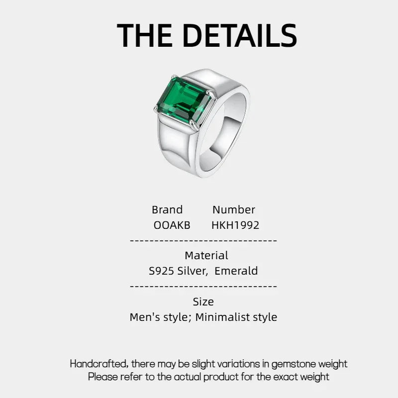 Men's Emerald Minimalist Signet Ring specification card with product measurements