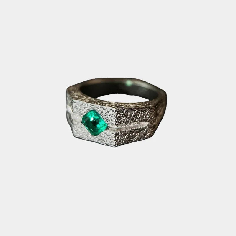 Men's Emerald Textured Signet Ring front product view on a white background