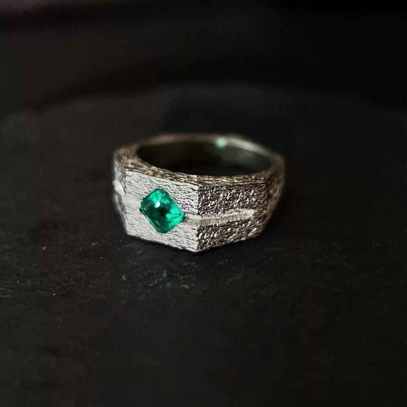 Men's Emerald Textured Signet Ring rear setting detail
