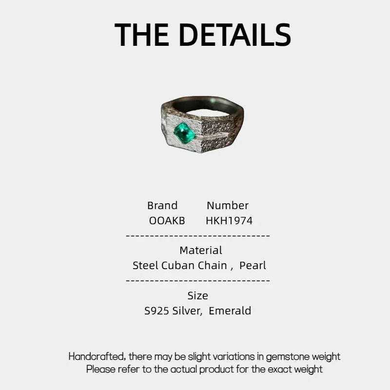 Men's Emerald Textured Signet Ring specification card with product measurements