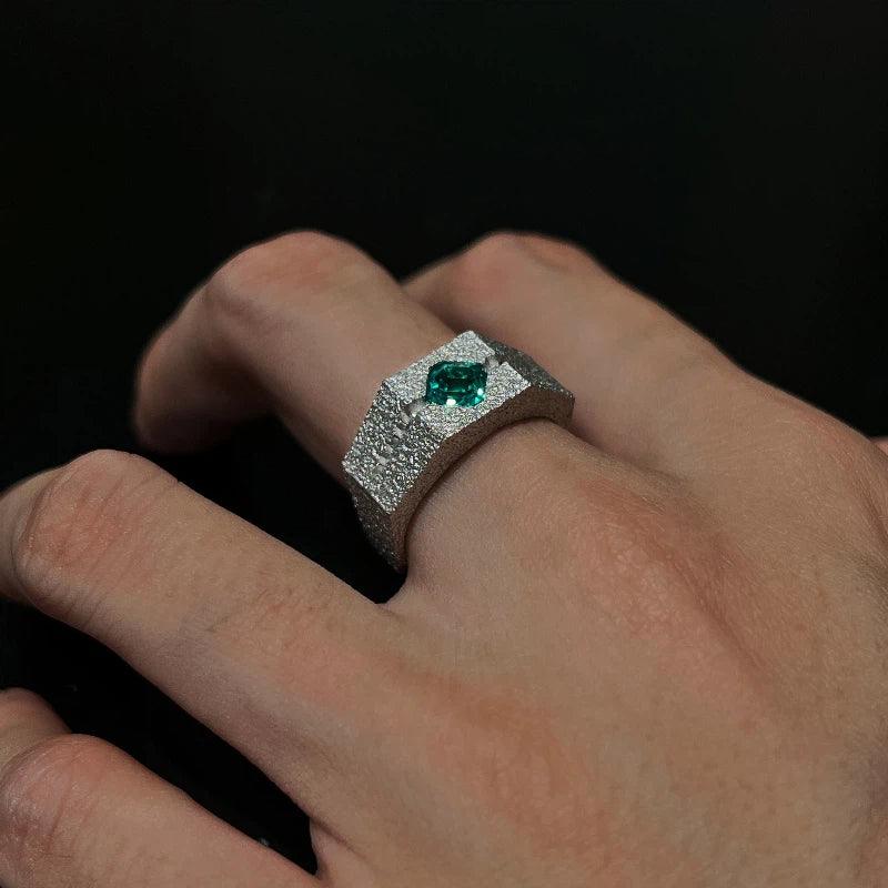 Men's Emerald Textured Signet Ring worn on the hand from a second angle