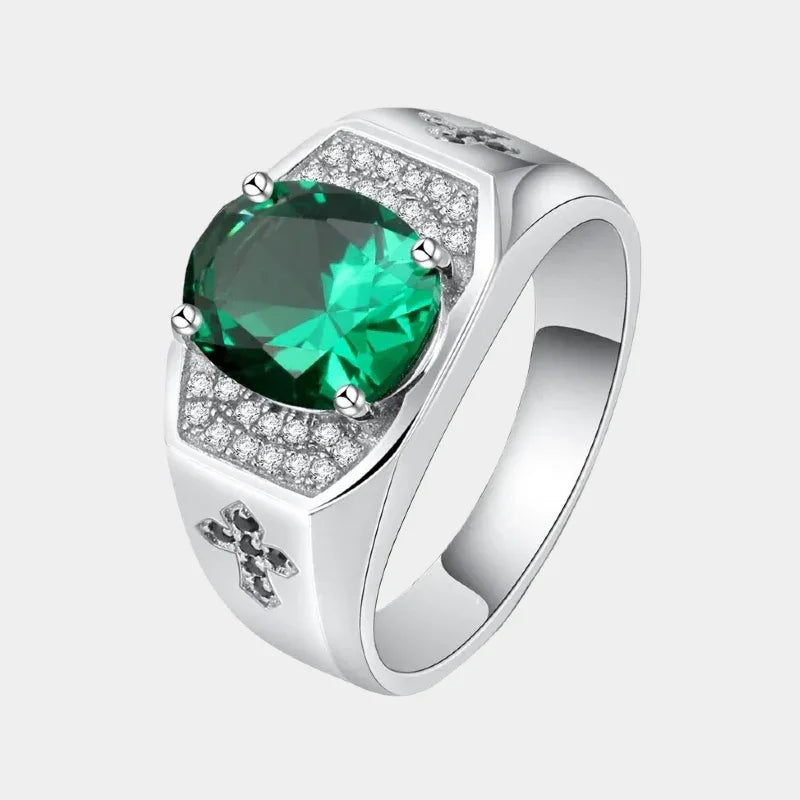 Men's Oval Emerald Fleur-de-Lis Ring front product view on a white background