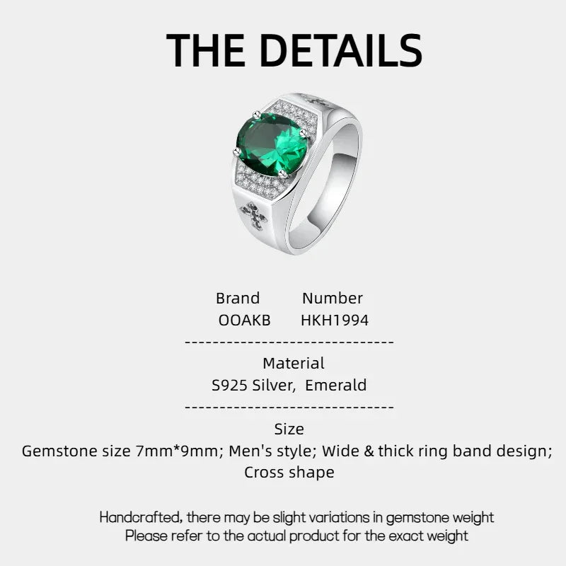 Men's Oval Emerald Fleur-de-Lis Ring specification card with product measurements