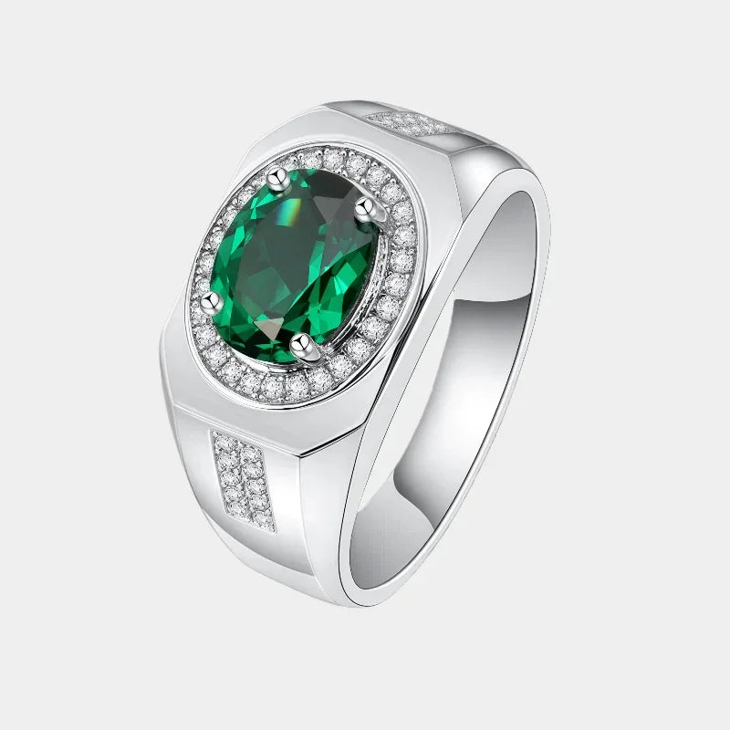 Men's Oval Emerald Halo Ring front product view on a white background