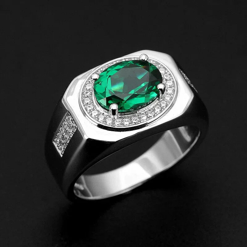 Men's Oval Emerald Halo Ring side profile showing the band and setting