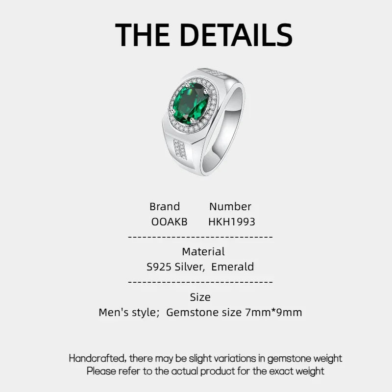 Men's Oval Emerald Halo Ring specification card with product measurements