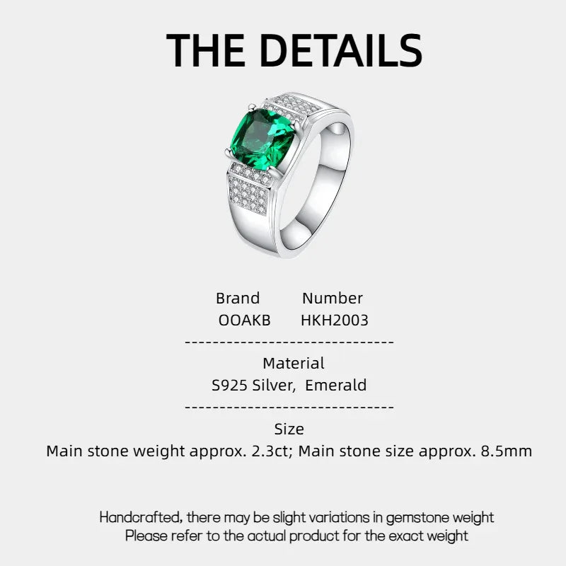 Men's Oval Emerald Pave Ring specification card with product measurements