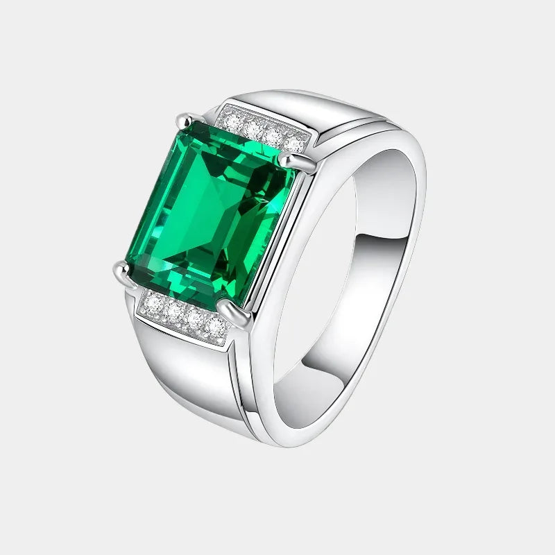 Men's Rectangular Emerald Accent Ring front product view on a white background
