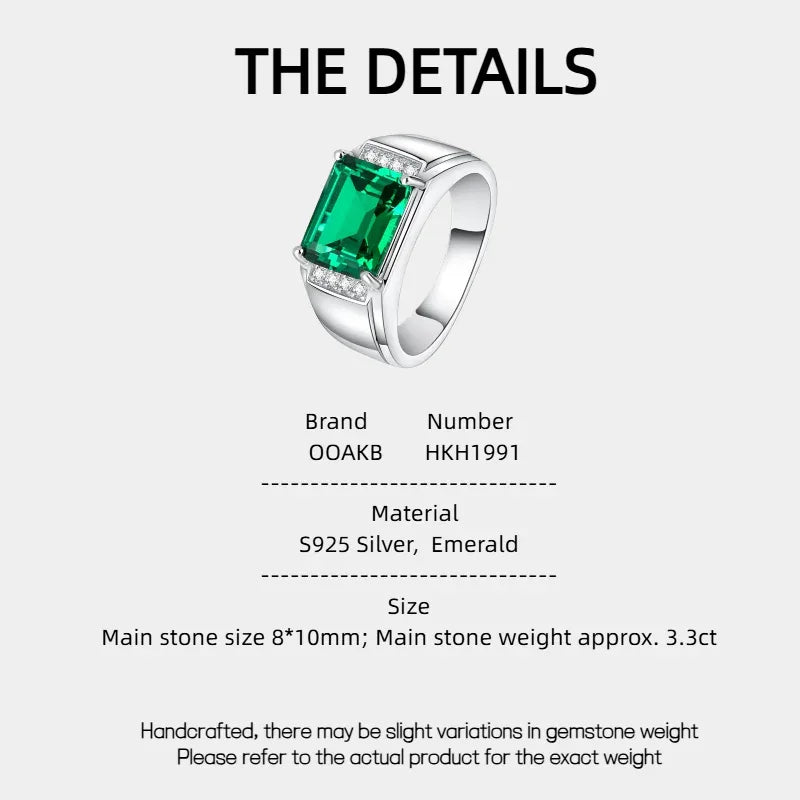 Men's Rectangular Emerald Accent Ring specification card with product measurements