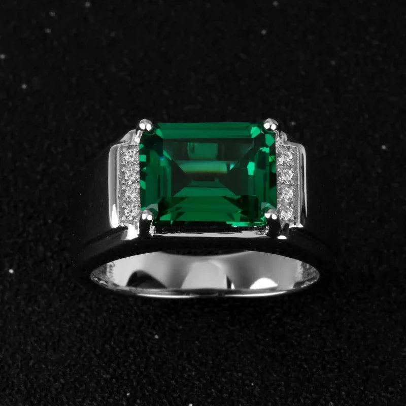 Men's Rectangular Emerald Accent Ring worn on the hand in a close-up
