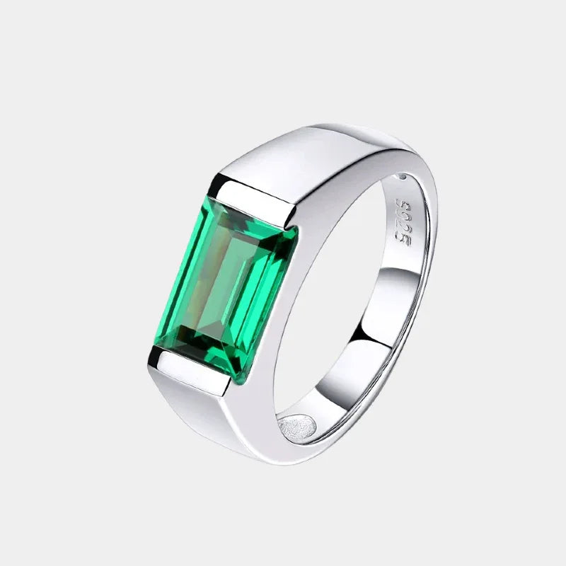 Men's Rectangular Emerald Bezel Ring front product view on a white background