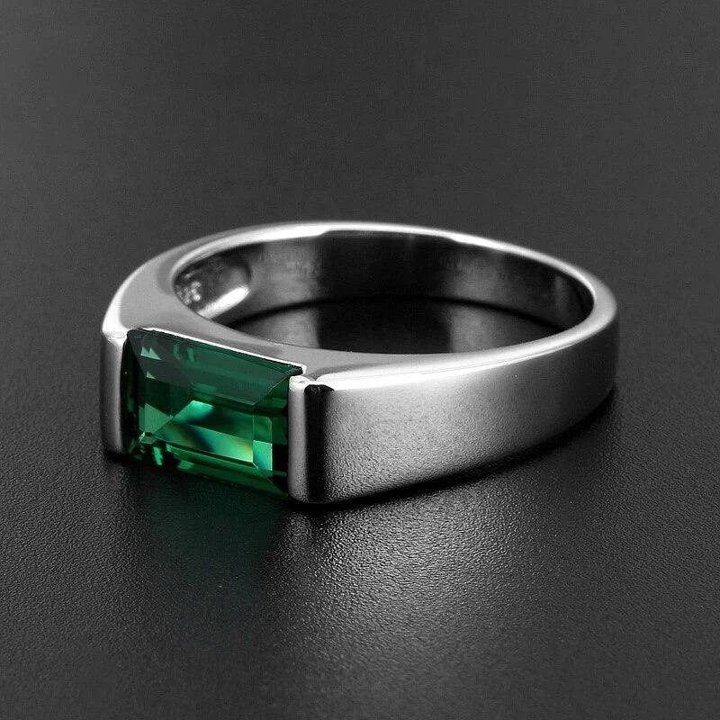 Men's Rectangular Emerald Bezel Ring side profile showing the band and setting