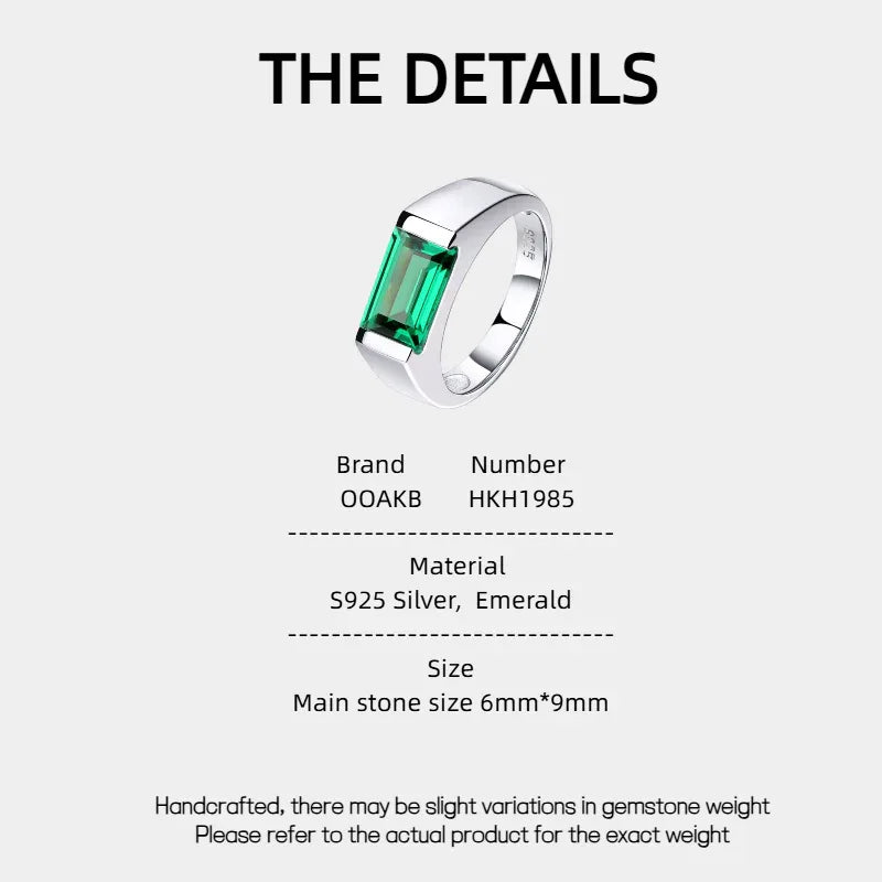 Men's Rectangular Emerald Bezel Ring specification card with product measurements