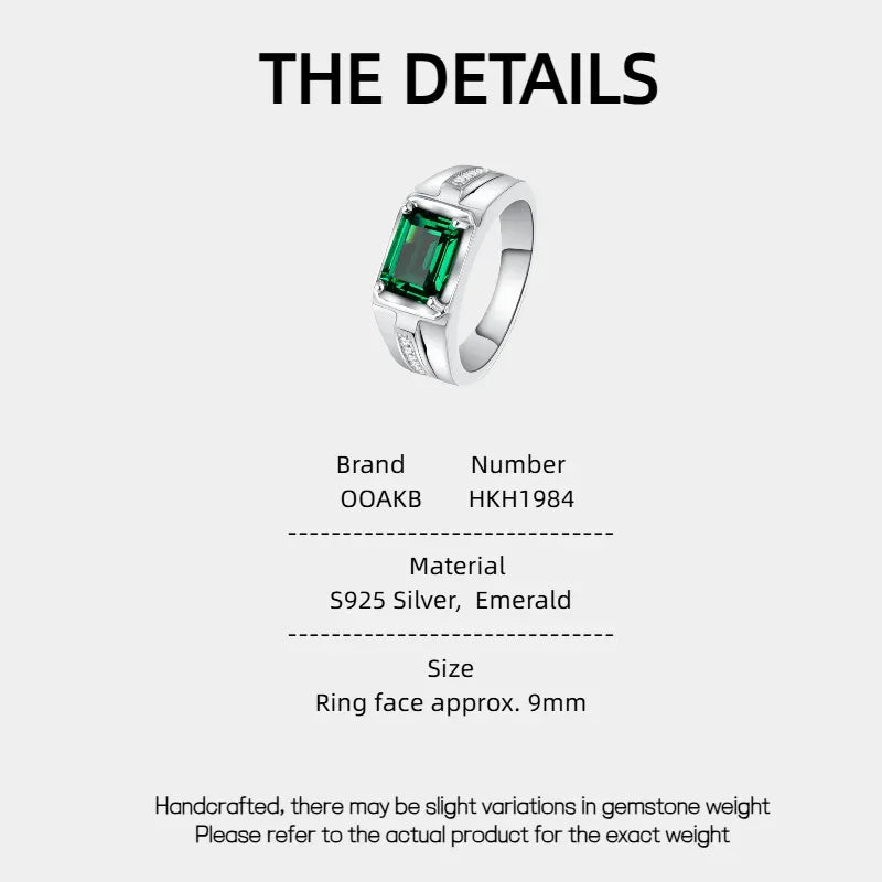 Men's Rectangular Emerald Channel Ring specification card with product measurements