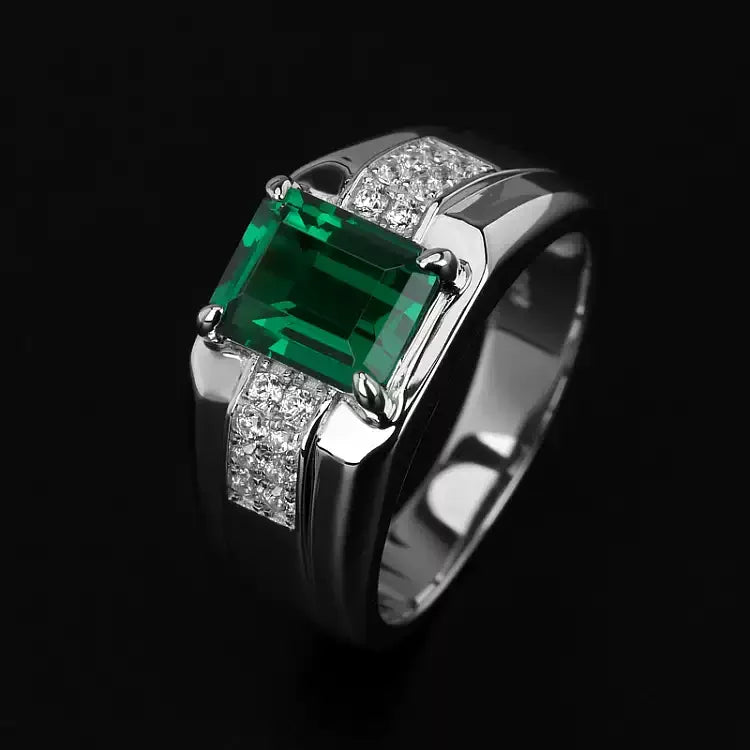 Men's Rectangular Emerald Double-Row Ring angled product view on a dark background