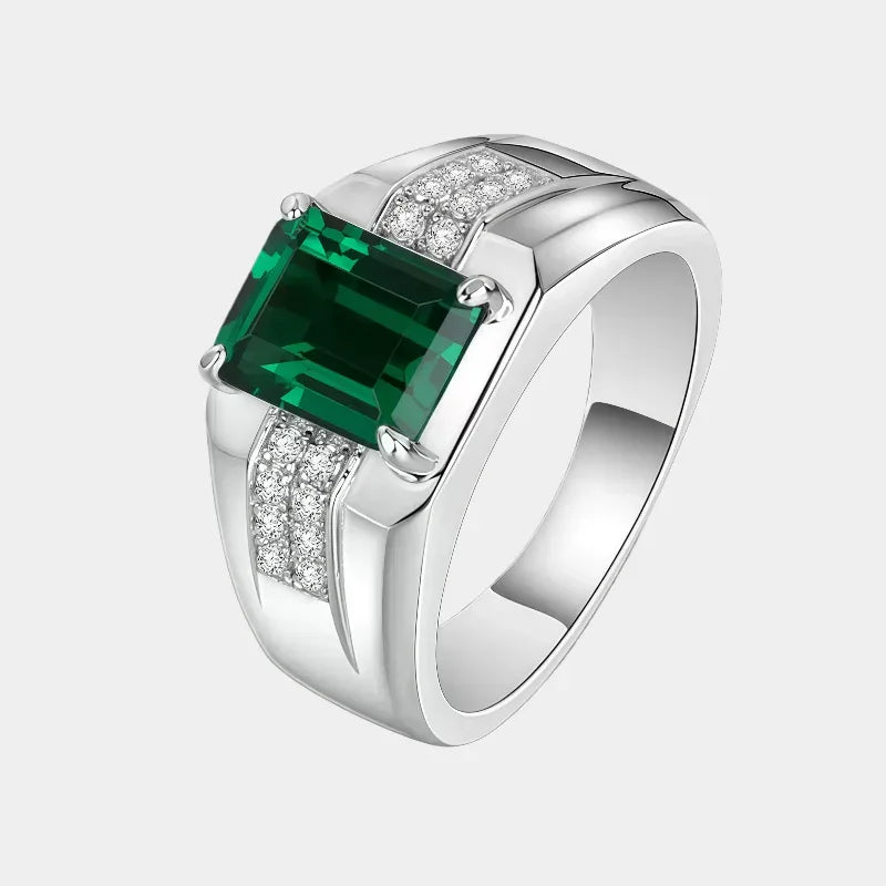 Men's Rectangular Emerald Double-Row Ring front product view on a white background