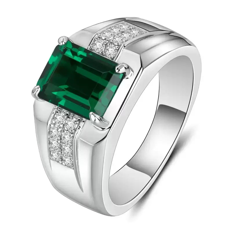 Men's Rectangular Emerald Double-Row Ring side profile showing the band and setting