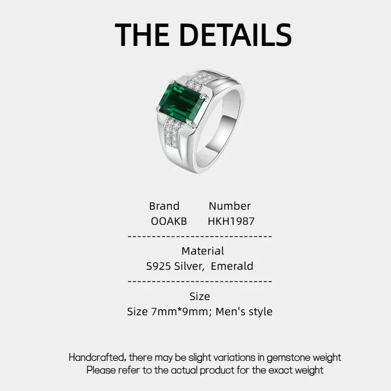 Men's Rectangular Emerald Double-Row Ring specification card with product measurements