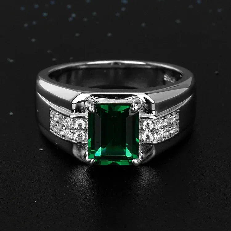 Men's Rectangular Emerald Double-Row Ring worn on the hand from a second angle