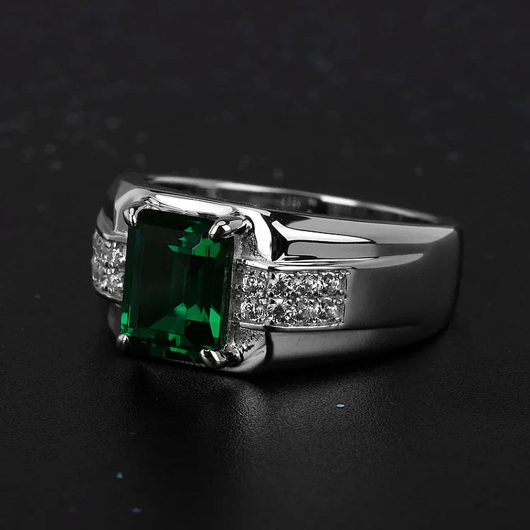 Men's Rectangular Emerald Double-Row Ring worn on the hand in a close-up