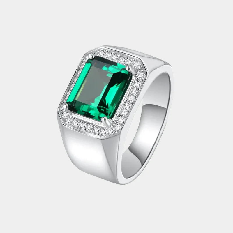 Men's Rectangular Emerald Framed Ring front product view on a white background