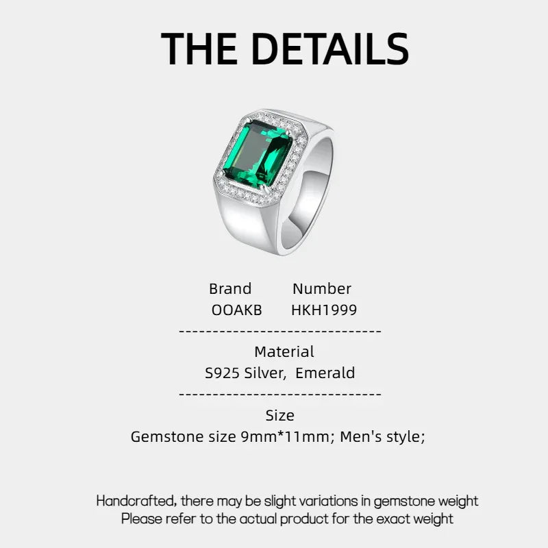 Men's Rectangular Emerald Framed Ring specification card with product measurements