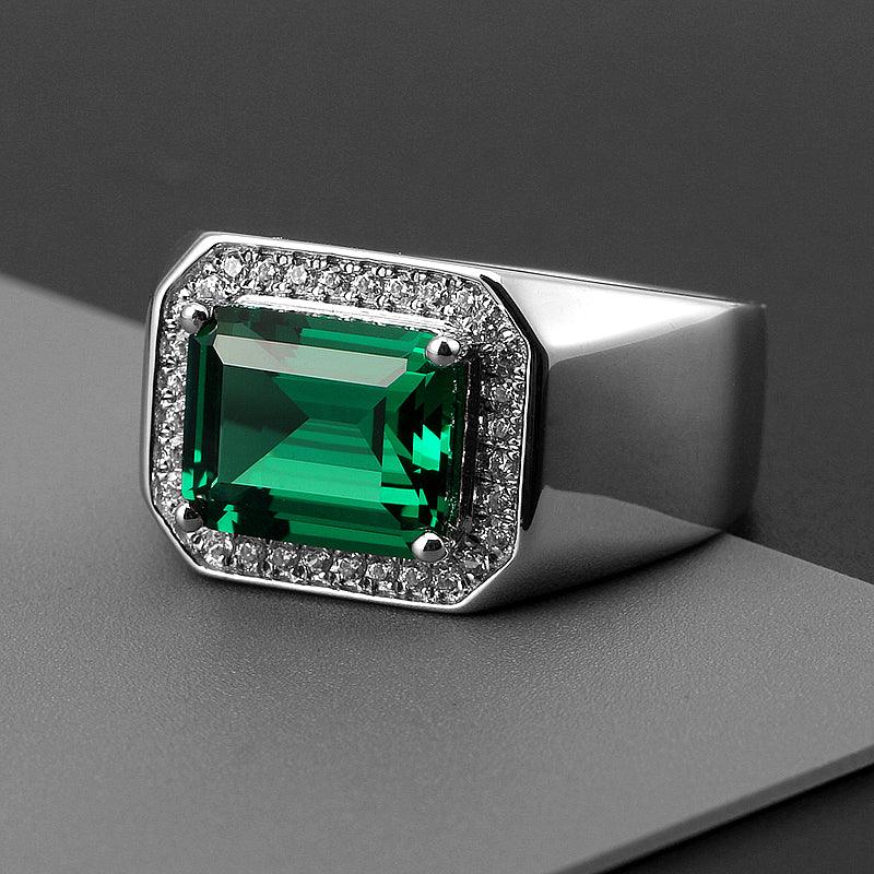 Men's Rectangular Emerald Framed Ring worn on the hand from a second angle