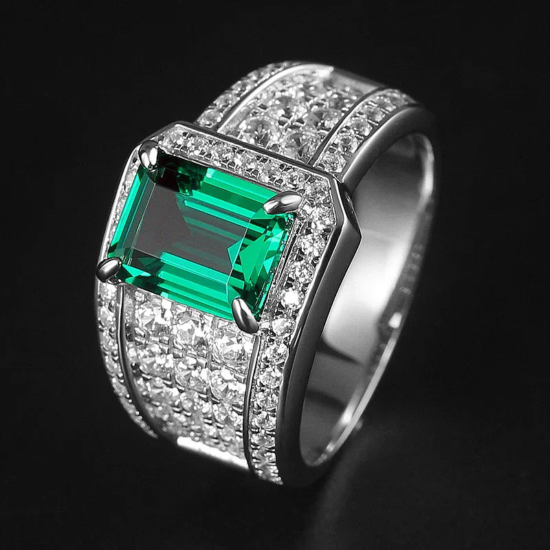 Men's Rectangular Emerald Full-Pave Ring angled product view on a dark background