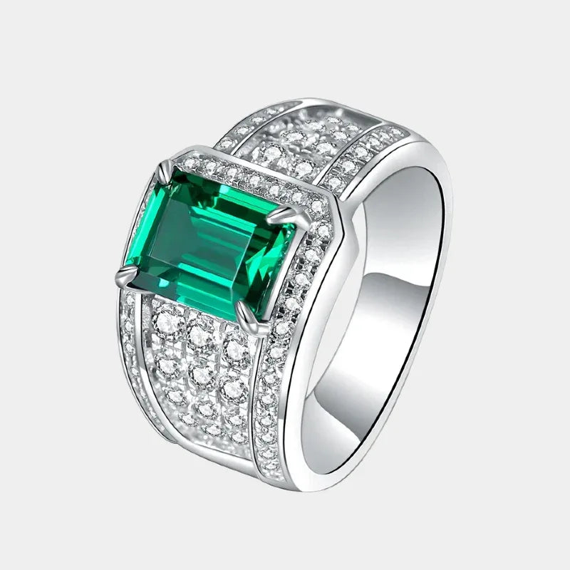 Men's Rectangular Emerald Full-Pave Ring front product view on a white background