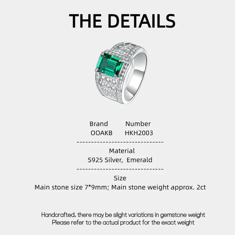 Men's Rectangular Emerald Full-Pave Ring specification card with product measurements